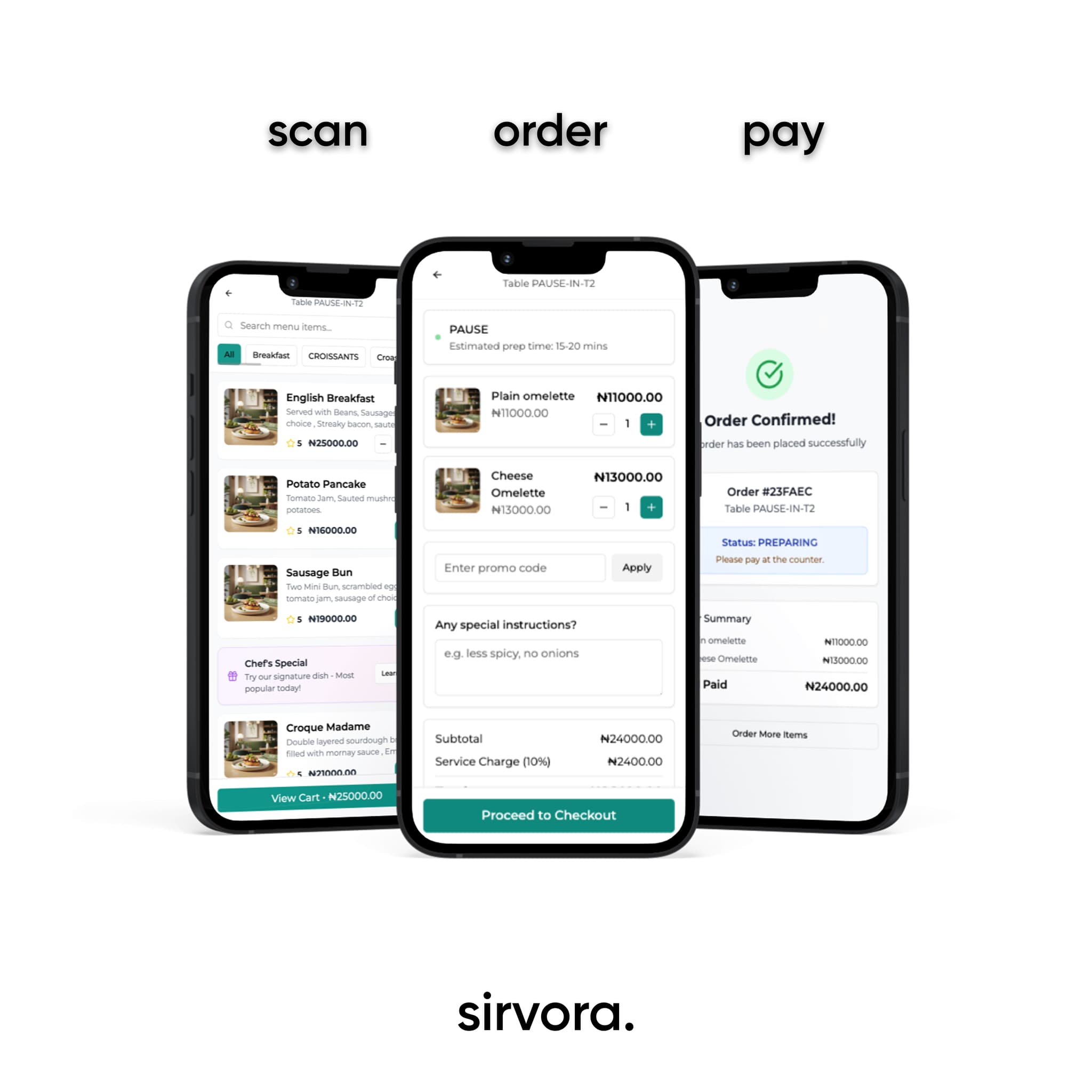 Sirvora table menu, checkout and order confirmation
