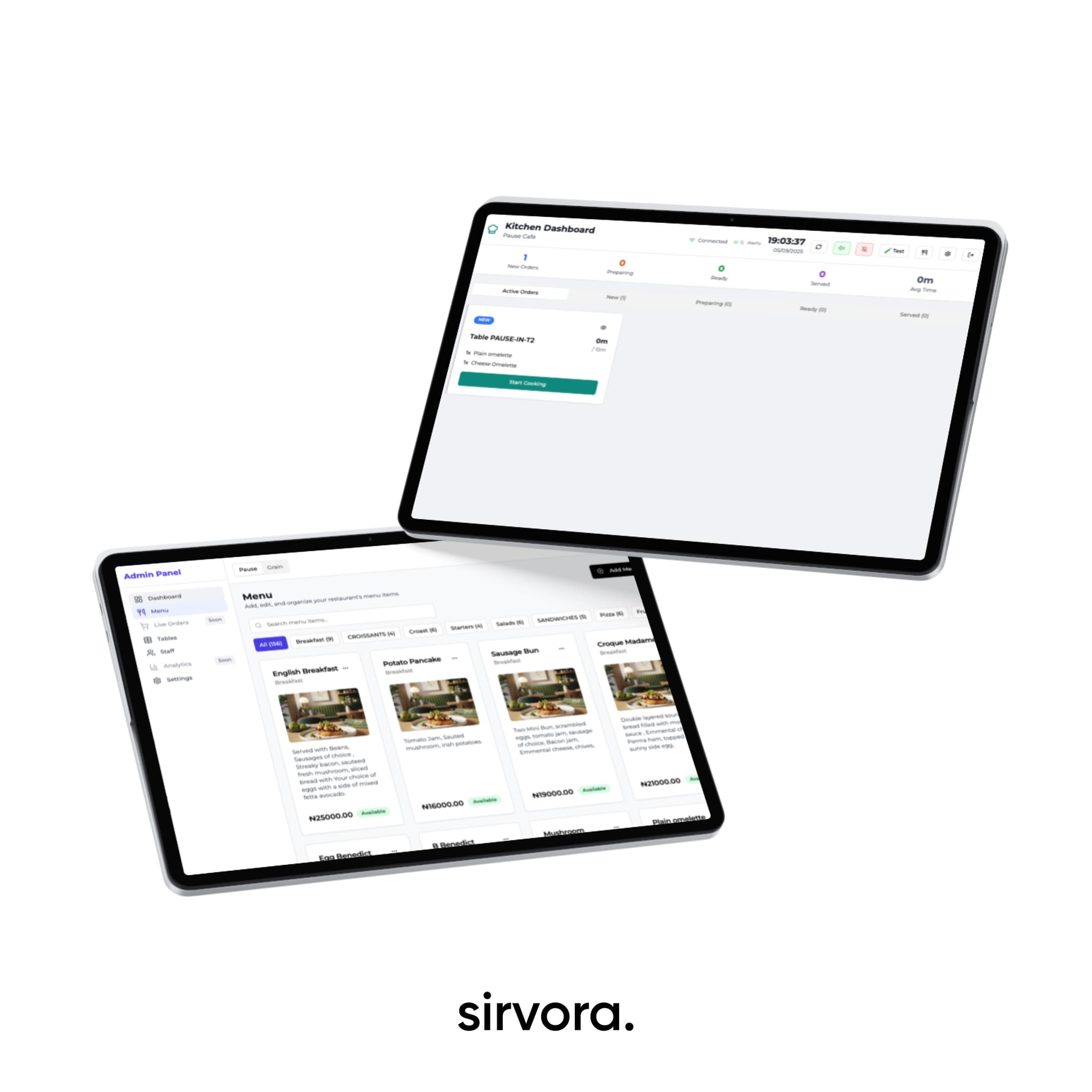 Sirvora kitchen display and menu administration screens