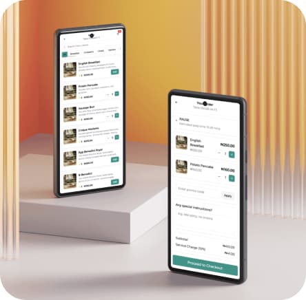 Sirvora menu and checkout shown on mobile devices